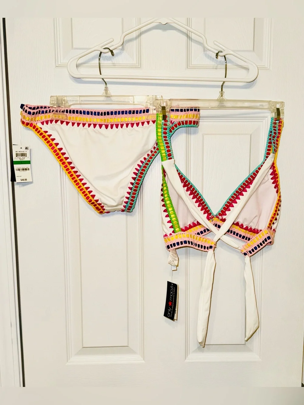 Bar III Be-Weave It NWT White Multicolor Crochet Trim 2-Piece Bikini Swimsuit L